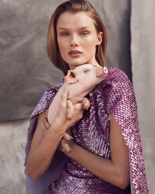 A woman in a purple sequined dress holds a baby piglet against a grey studio backdrop for a fashion or beauty editorial.