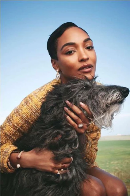 Adult woman embraces a large gray dog outdoors. The model wears a gold tweed jacket and jewelry. The background is a clear sky and green field.