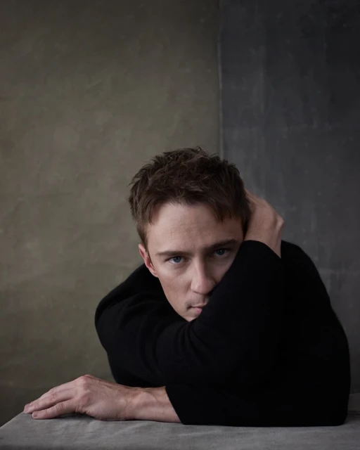 Portrait of a young man with brown hair wearing black top, resting his arms on a grey surface, set against a mottled grey backdrop.