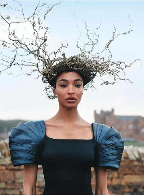 Artistic portrait of a woman with striking shoulder piece and a decorative headdress of twigs, set against a landscape backdrop.
