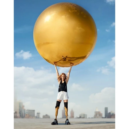 A blond woman with prosthetic legs stands outdoors lifting a giant gold balloon overhead, city buildings and a blue sky are in the background.