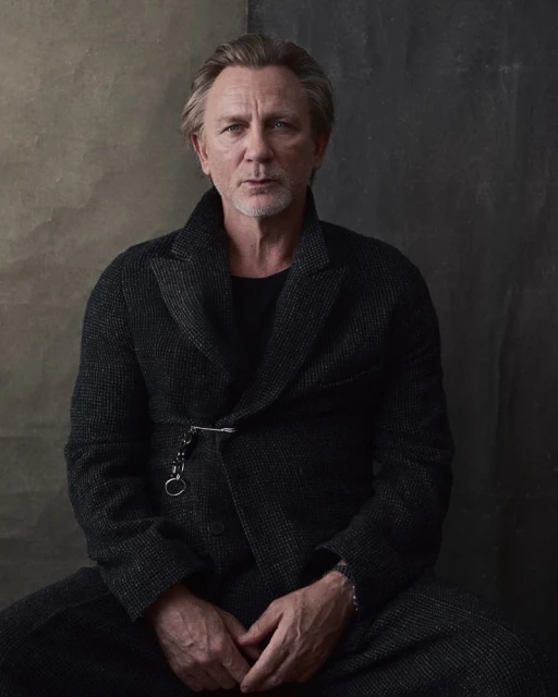 Portrait of Daniel Craig wearing a grey tweed overcoat and black shirt, seated against a textured grey and brown backdrop.