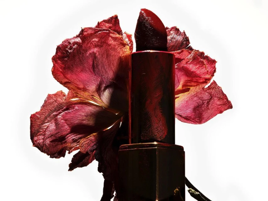Macro studio shot of red lipstick tube positioned near a wilted flower with curled, textured petals against a bright white backdrop.
