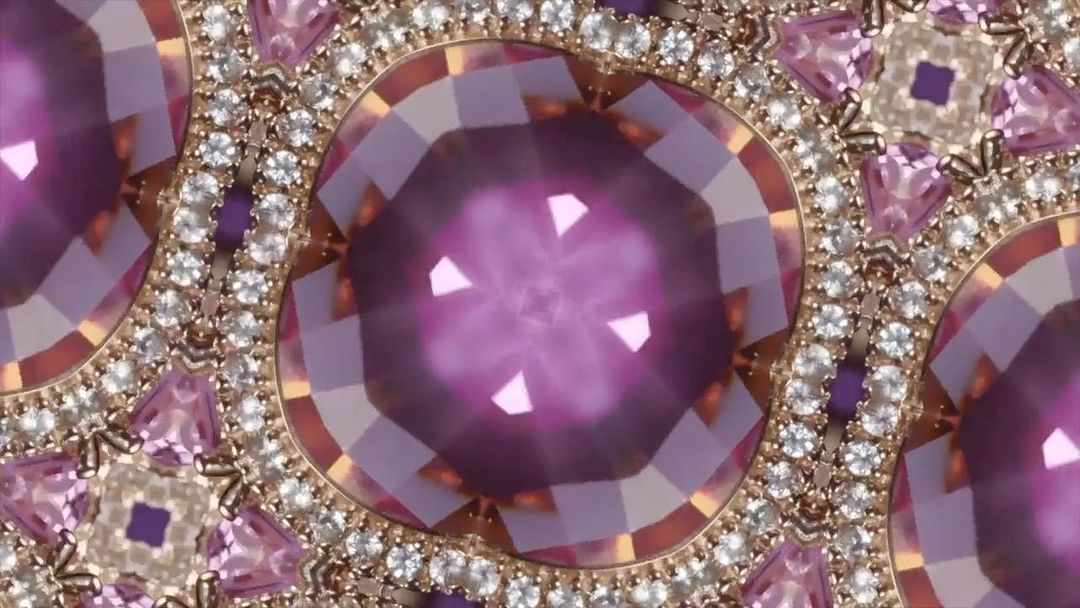 Abstract design featuring symmetrical gemstone patterns in purple, white, and gold, creating an opulent, kaleidoscopic visual effect.