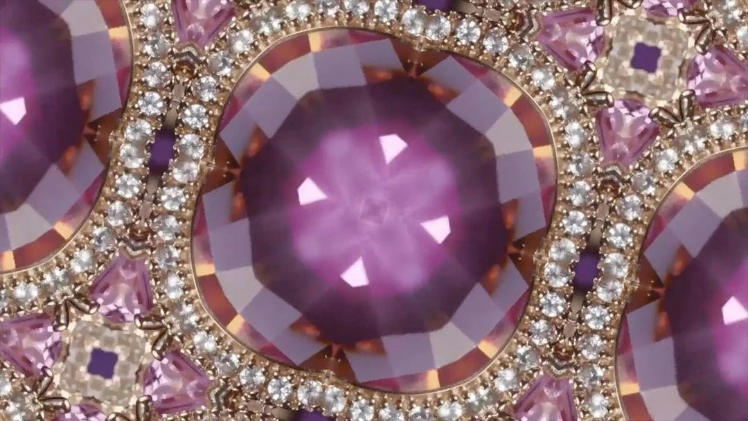 Abstract design featuring symmetrical gemstone patterns in purple, white, and gold, creating an opulent, kaleidoscopic visual effect.