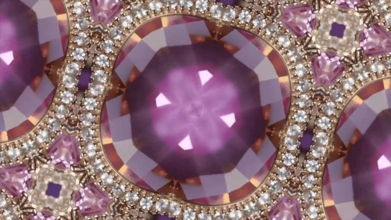 Abstract design featuring symmetrical gemstone patterns in purple, white, and gold, creating an opulent, kaleidoscopic visual effect.