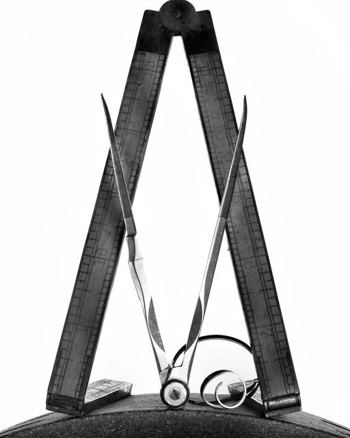Close-up black and white still life photograph featuring a vintage wooden ruler, drafting compass, and small lens, isolated on a white background.