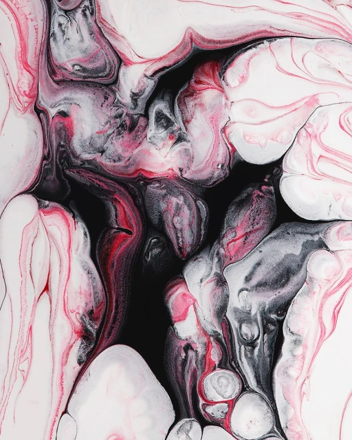 Abstract artwork featuring a fluid marble pattern with white, pink, and grey swirls creating dynamic shapes against a black backdrop.