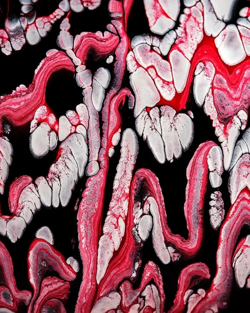 Abstract image featuring red and white paint streaks against a dark background, creating a marbled effect with flowing patterns.