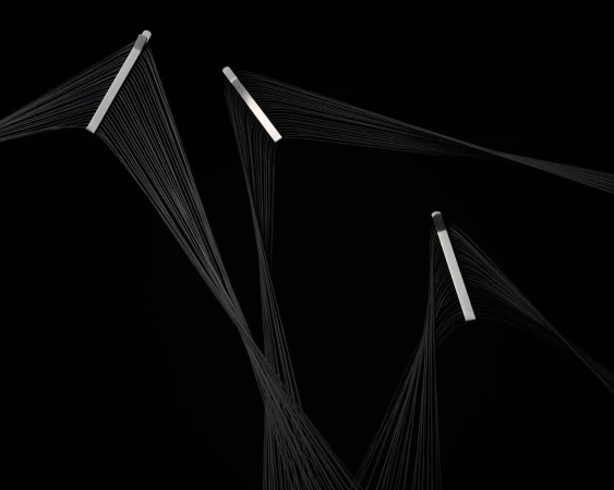 Abstract photo of silver bars with cascading grey threads against black, creating a minimalist yet dynamic visual composition.