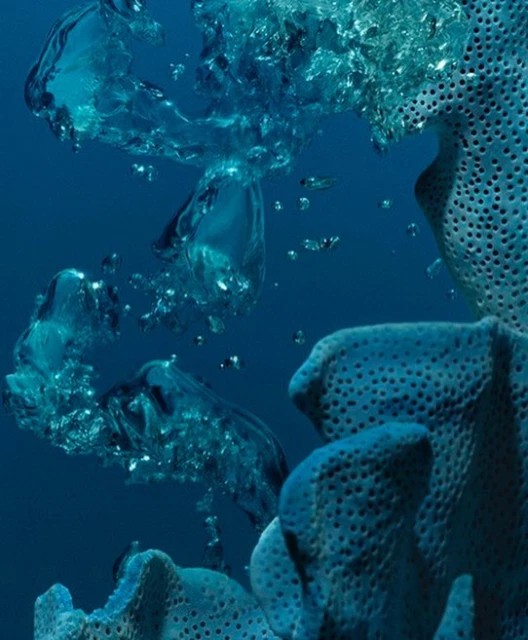 Underwater view of turquoise water with rising translucent bubbles and coral, creating a serene and abstract natural scene.
