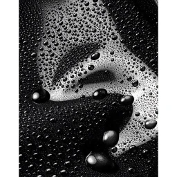 Monochrome macro close-up of water droplets covering a smooth surface with high contrast lighting by Richard Pierce.