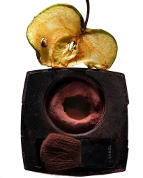 A dehydrated apple slice balanced atop an open dark compact with loose powder and a small applicator brush.