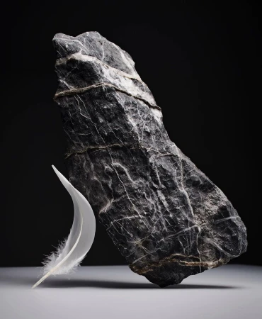Black rock with white feather on grey surface against black background in studio lighting displays texture, shape, and simplicity.