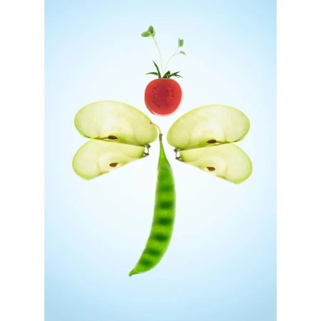 Abstract food art composition with a tomato, pea pod, and sliced apples arranged to resemble a dragonfly on a light blue gradient background.