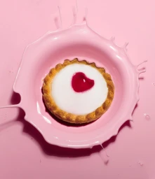 Overhead shot of a jam tart centered in a pink ceramic plate surrounded by pink liquid splash on a pink backdrop