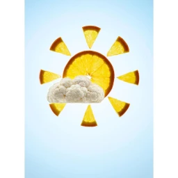 An orange slice sun with triangular ray wedges and a cauliflower cloud on a soft blue gradient background by Richard Pullar