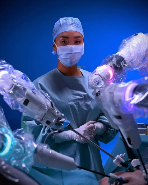 Medical professional in surgical scrubs and face mask stands next to robotic surgery equipment in a blue operating room environment.
