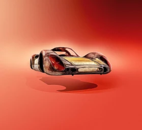 Futuristic rusty sports car hovering against a warm red studio background casting a sharp shadow.