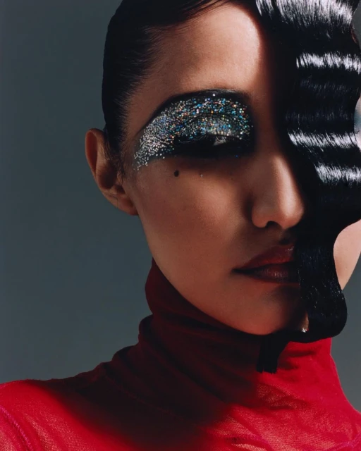 Close-up portrait of an adult woman with dark hair and red turtleneck. She has glittering makeup on her eyelid, shot in studio lighting.