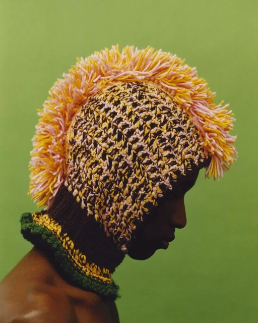 Person in profile wearing a knitted mohawk hat with yellow and pink faux fur accents against a green background in a studio setting.