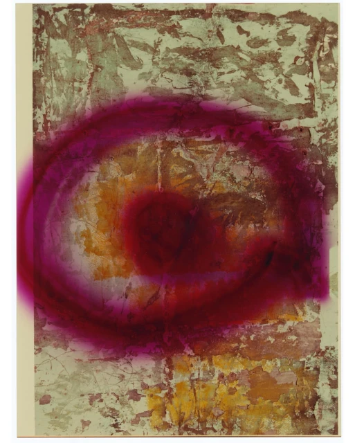 Abstract painting featuring a textured surface in muted earth tones with a bold, blurred magenta circle dominating the composition.