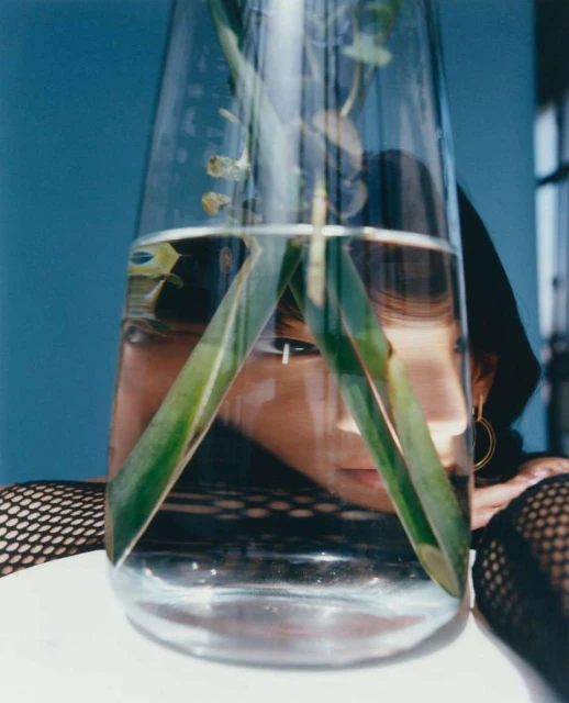 Portrait of a woman behind a glass vase with water and plant stems creating a distorted view of her face with a blue background.