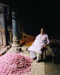 An older South Asian man seated next to piles of pink flowers in a dimly lit interior with dark columns and a hanging scale.