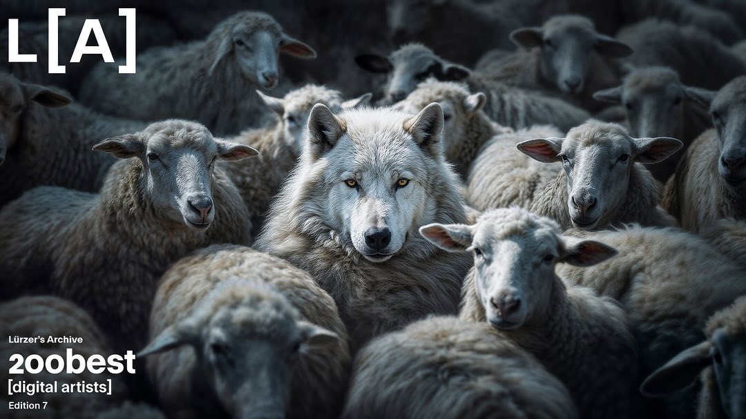 Artistic visual of a wolf surrounded by sheep, a possible metaphor about standing out, set against a dark, moody color palette.