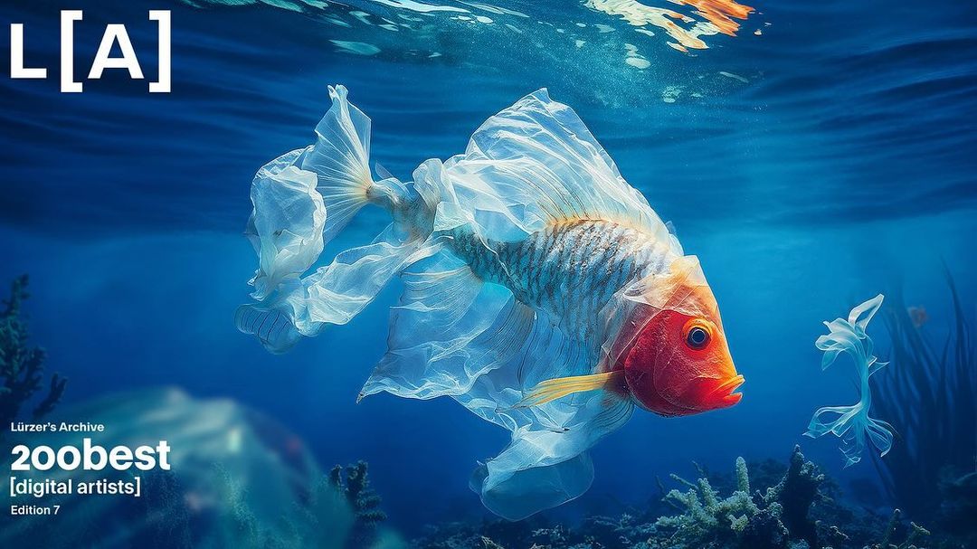 Illustration of a fish with plastic bag fins swims in blue ocean water with coral; art suggests pollution's impact on marine life.