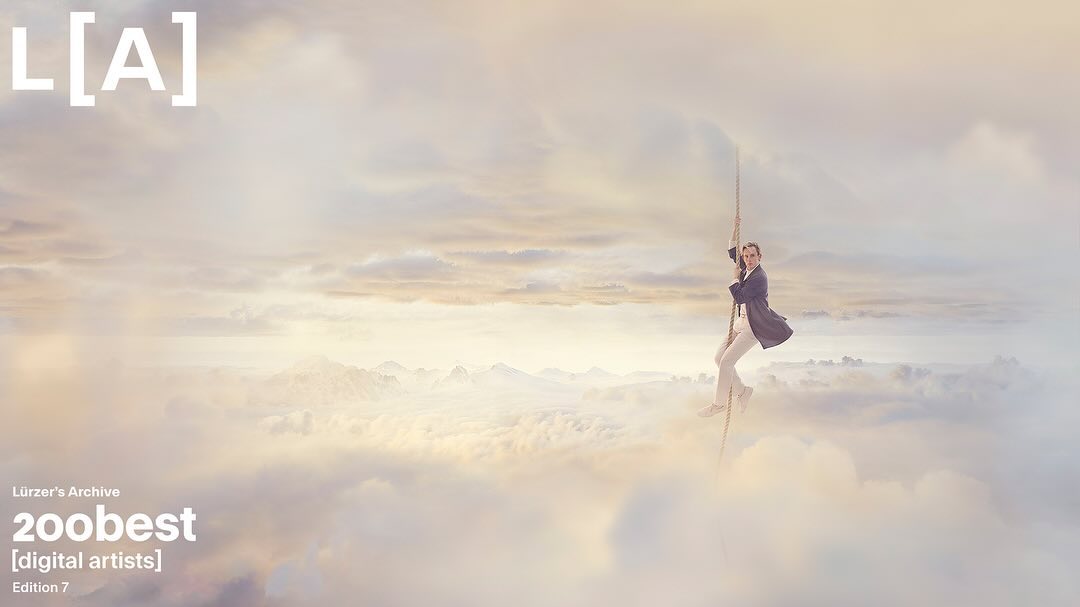 A man in a suit ascends a rope ladder into a cloudy sky. Concept art for design and advertising, evoking imagination and career.
