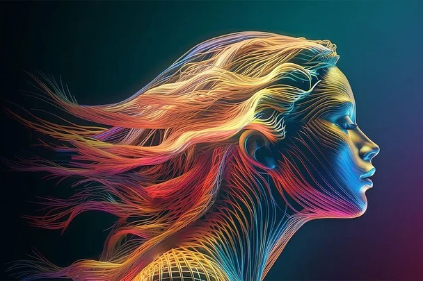 AI-generated image of a woman's face in profile with flowing hair made of colorful lines, set against a dark, gradient background.