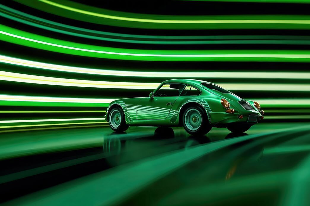 Green vintage car with motion blur against a dark green background, car photography for automotive industry and luxury vehicle advertising.