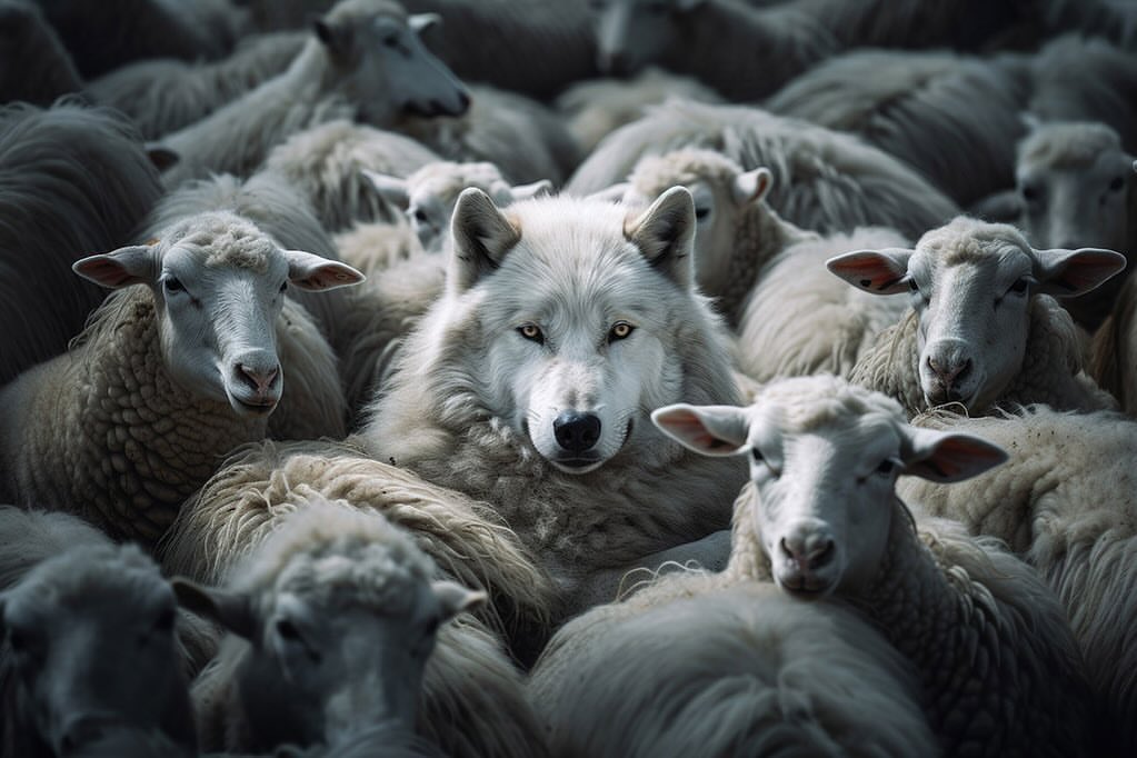 A white wolf is surrounded by a crowd of sheep, showcasing its unique presence among the flock in a dimly lit, tightly framed scene.
