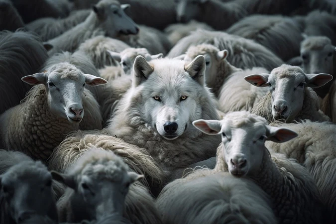 A white wolf is surrounded by a crowd of sheep, showcasing its unique presence among the flock in a dimly lit, tightly framed scene.