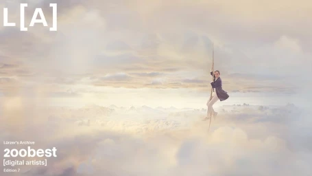 Man climbing a vertical rope suspended in a vast sky filled with clouds and distant mountain peaks below