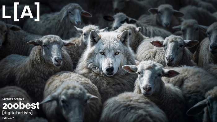 A white wolf positioned amongst a dense flock of grey sheep with text elements in the corners.