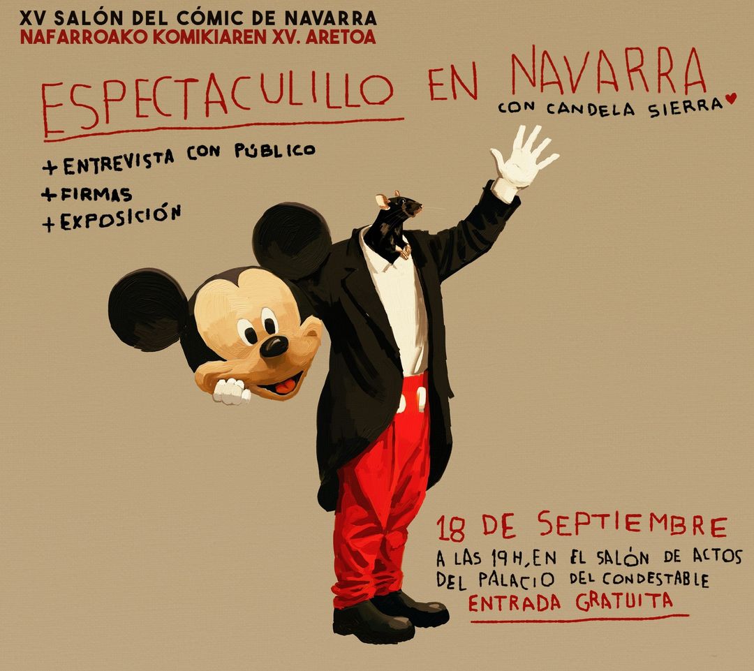 Illustration of a comic convention poster featuring a cartoon character with a rat head, Mickey Mouse ears, and event details.