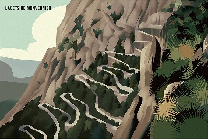 Illustration of a mountain range with a winding road snaking through the terrain, surrounded by lush green vegetation.