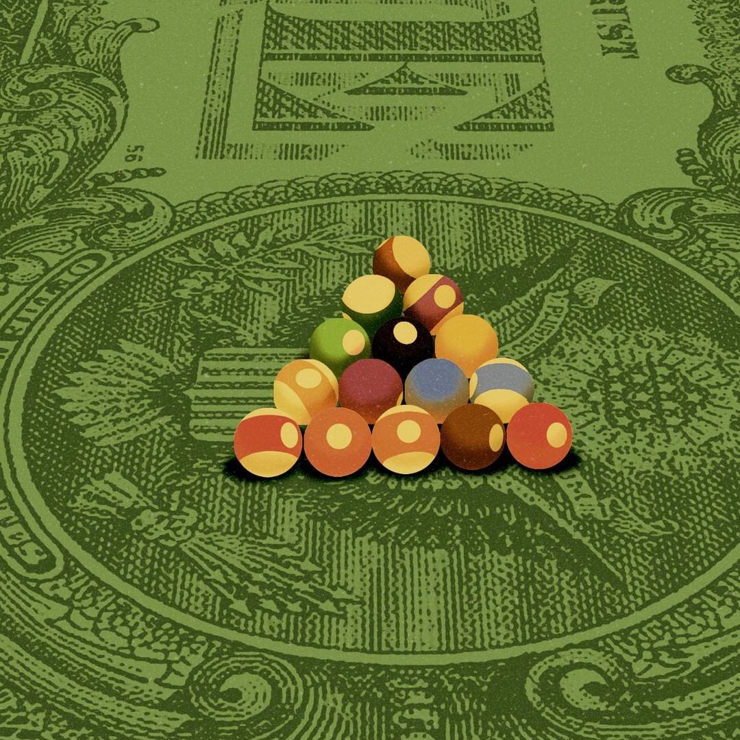 Artistic still life: Pyramid arrangement of colorful billiard balls on a textured, green surface resembling US currency.
