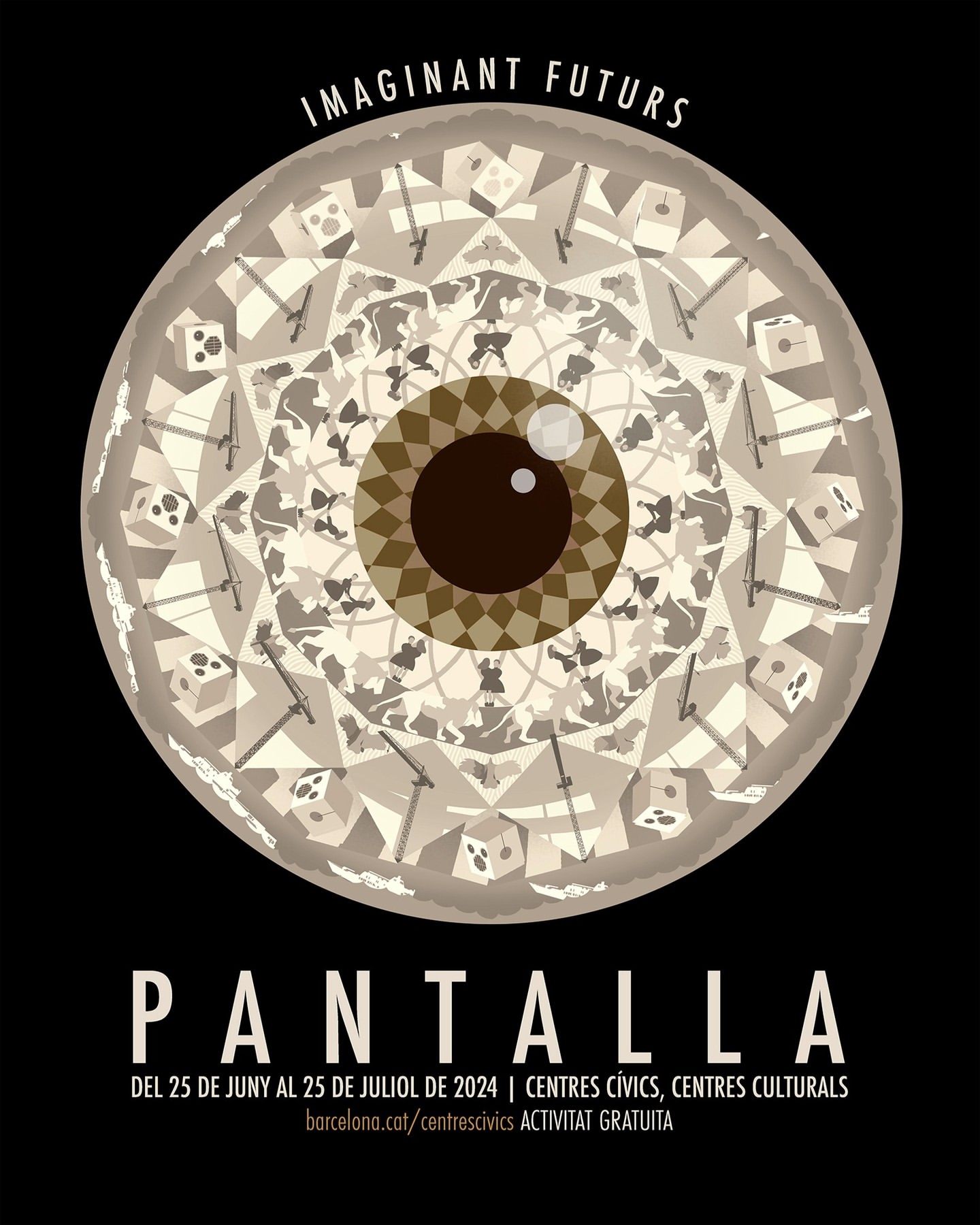 Graphical poster with a digitally rendered eye-like kaleidoscope pattern in brown and beige tones. Text at the top reads 'Imaginant Futurs'.