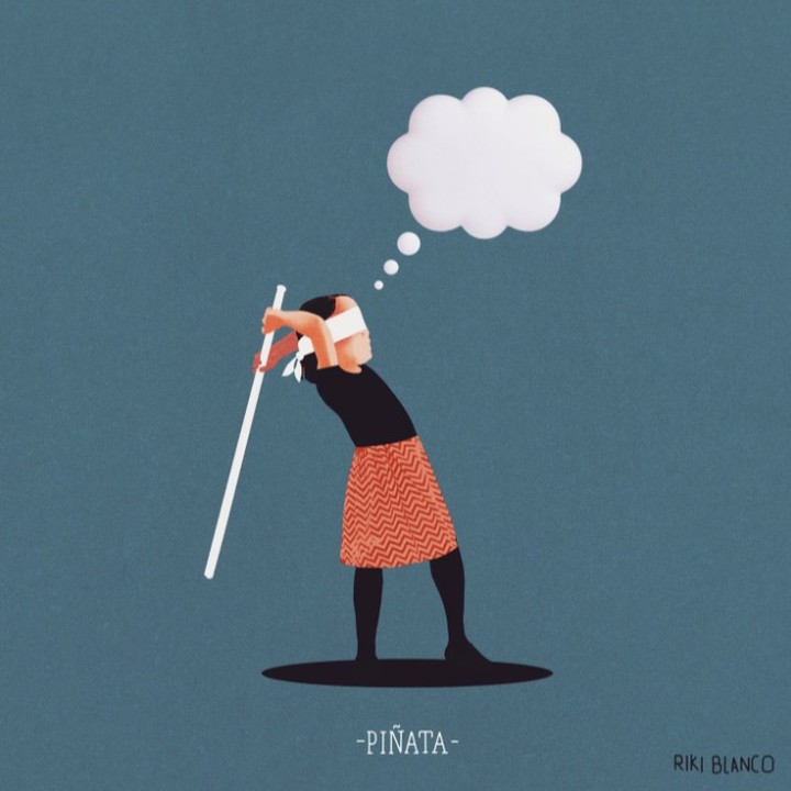 Illustration of a blindfolded person in a black shirt and patterned skirt swinging a stick with a cloud-shaped thought bubble above them.