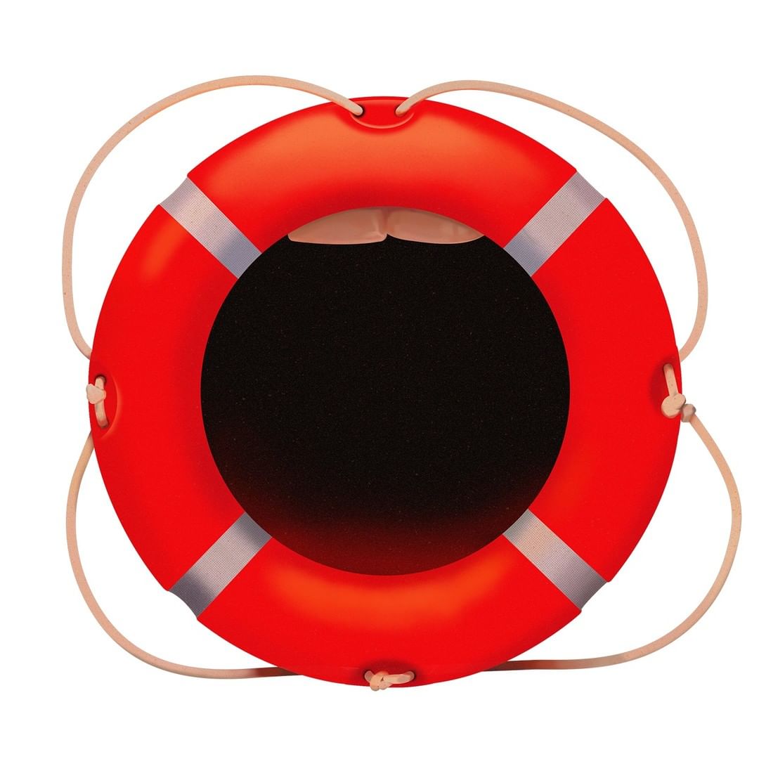 An illustration of a red and white life preserver ring with rope, centered on a white background, graphic design.
