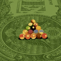A rack of colorful miniature billiard balls arranged in a triangle on a green patterned background resembling currency.