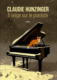 An illustrated book cover featuring a grand piano on a snowy ground with a small red fox standing on its open lid against a dark sky.