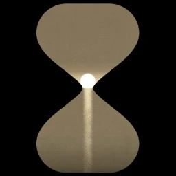 An hourglass shaped graphic illustration by Riki Blanco on a solid black background, with sand flowing through the center.