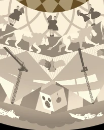 Circular monochromatic illustration by Riki Blanco featuring geometric patterns, construction cranes, lions, and figures in neutral tones.