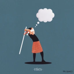 Illustration by Riki Blanco of a blindfolded person holding a stick beneath a blank thought bubble against a blue background