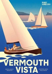 Illustrated poster of sailboats navigating blue ocean waters with large white sails catching the wind under a clear sky.