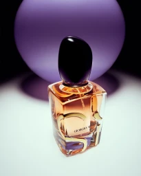 A rectangular glass perfume bottle with amber liquid and a dark cap stands against a pale surface with a purple sphere in the background.